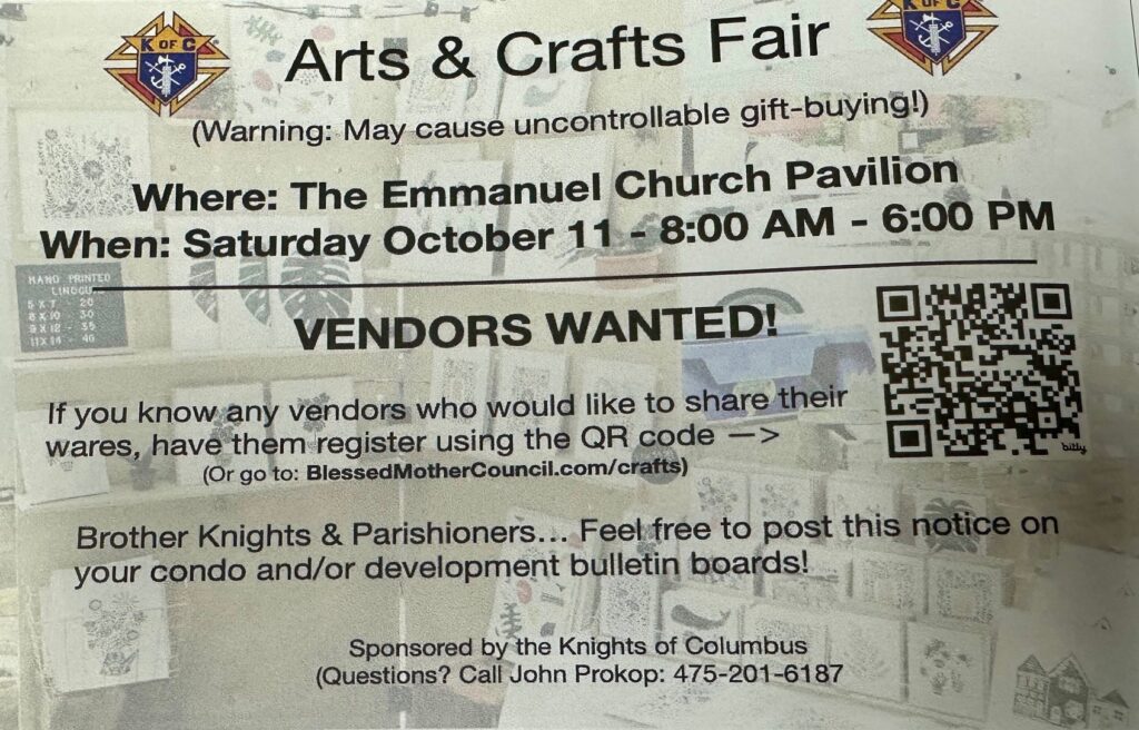 Emmanuel Catholic Church Arts and Crafts Fair Vendors Wanted October 11