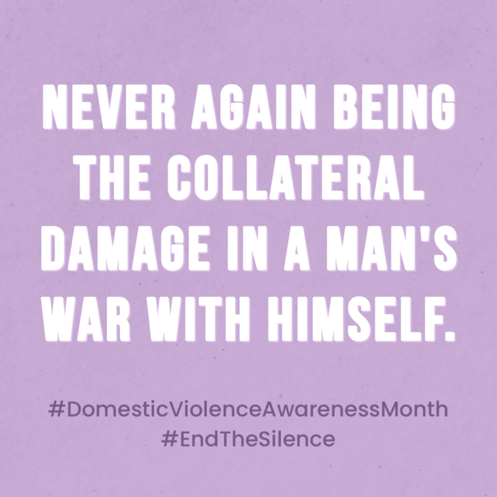 Minimalist lavender graphic with the quote “Never again being the collateral damage in a man’s war with himself,” symbolizing boundaries and empowerment.