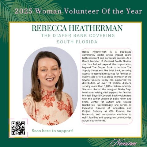 Portrait of Rebecca Heatherman, nominee for Woman Volunteer of the Year, representing The Diaper Bank Covering South Florida.