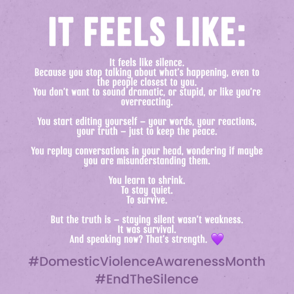 Lavender-toned quote graphic reading “Turning Silence Into Strength,” symbolizing courage and advocacy for Domestic Violence Awareness Month.