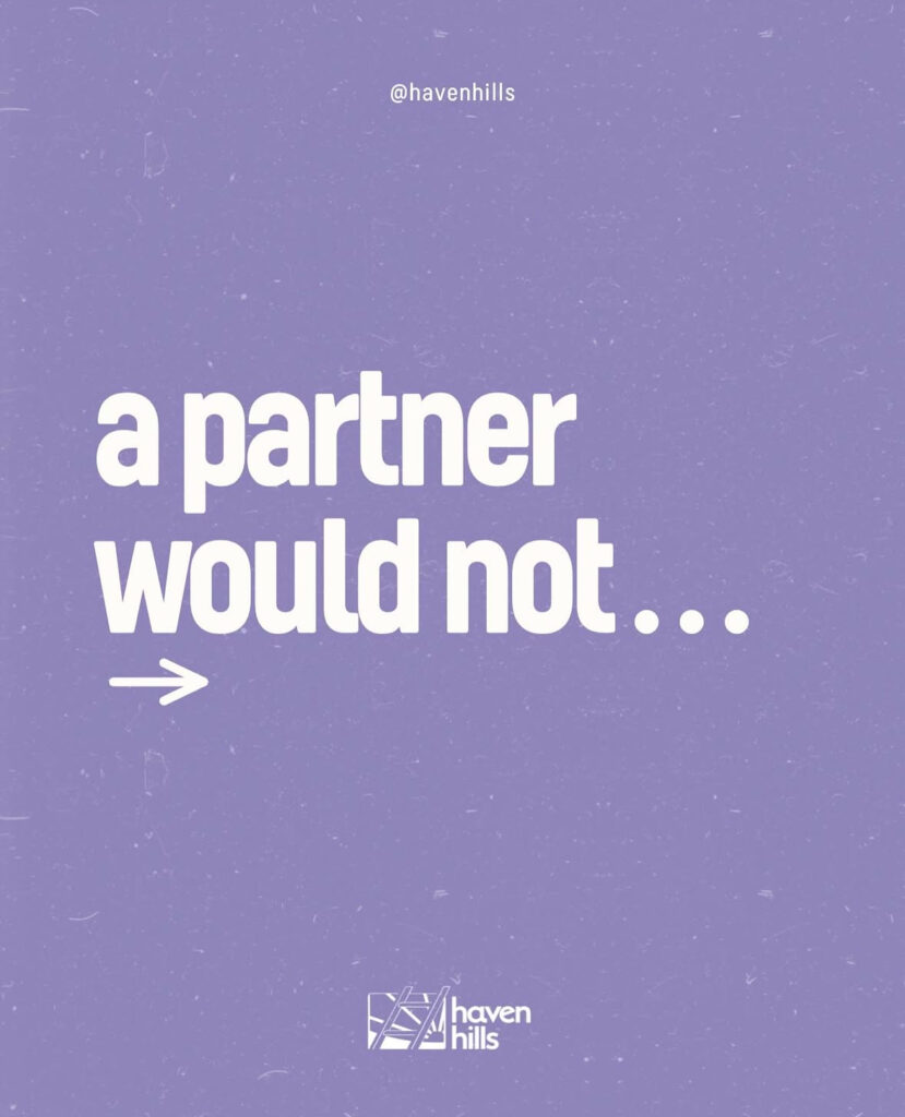 Lavender background with bold white text listing behaviors a loving partner would never do, raising awareness for emotional and narcissistic abuse.