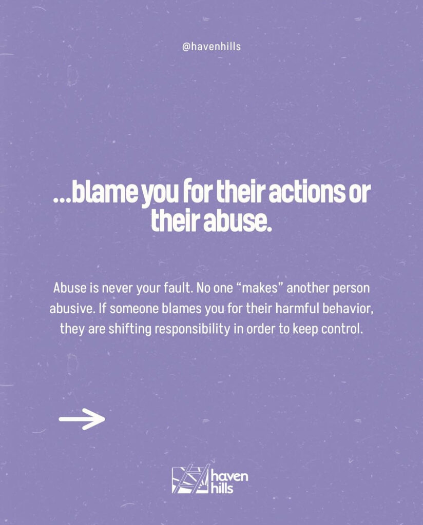Lavender background with bold white text listing behaviors a loving partner would never do, raising awareness for emotional and narcissistic abuse.