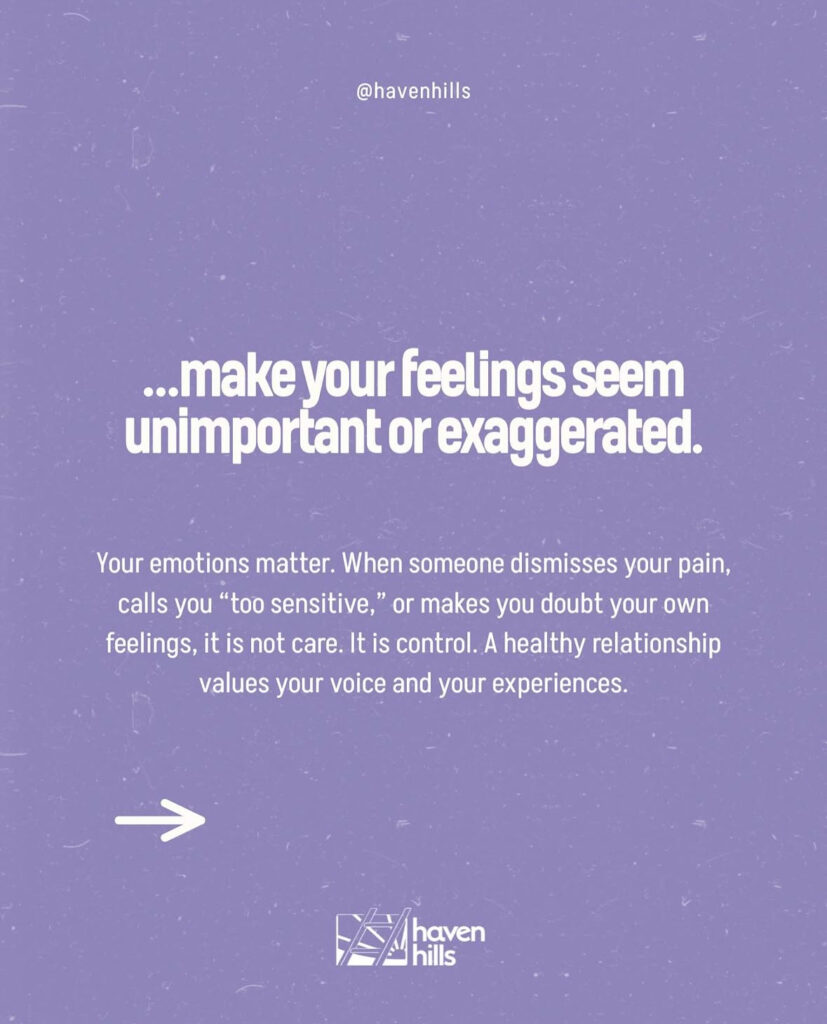 Lavender background with bold white text listing behaviors a loving partner would never do, raising awareness for emotional and narcissistic abuse.