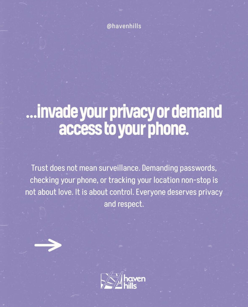Lavender background with bold white text listing behaviors a loving partner would never do, raising awareness for emotional and narcissistic abuse.