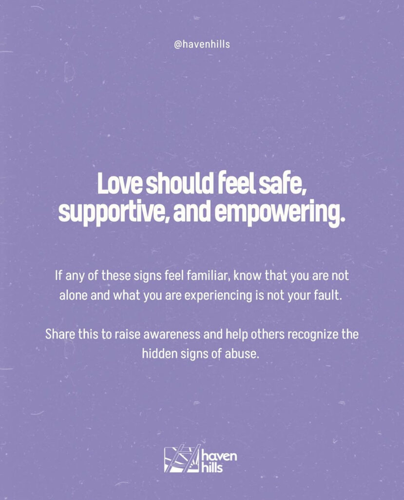 Lavender background with bold white text listing behaviors a loving partner would never do, raising awareness for emotional and narcissistic abuse.