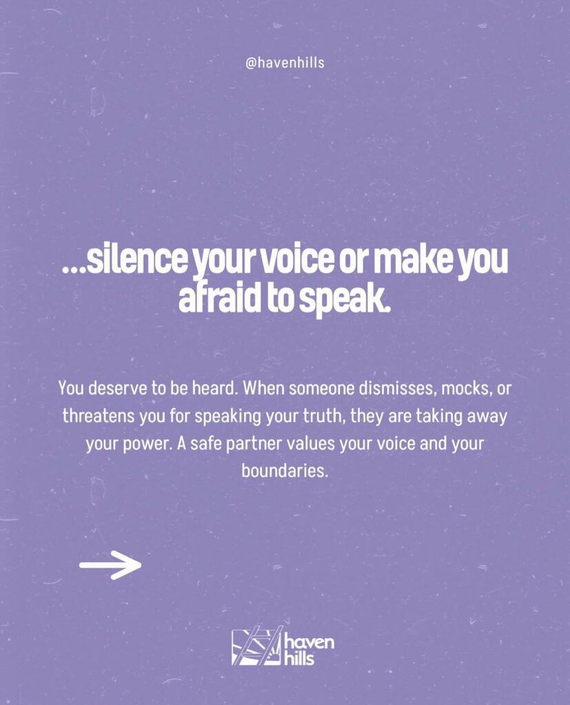 Lavender background with bold white text listing behaviors a loving partner would never do, raising awareness for emotional and narcissistic abuse.