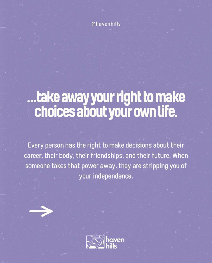 Lavender background with bold white text listing behaviors a loving partner would never do, raising awareness for emotional and narcissistic abuse.