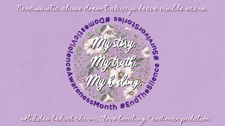 Lavender image with white text reading “My Story. My Truth. My Healing.” representing survivor empowerment and faith-based healing.