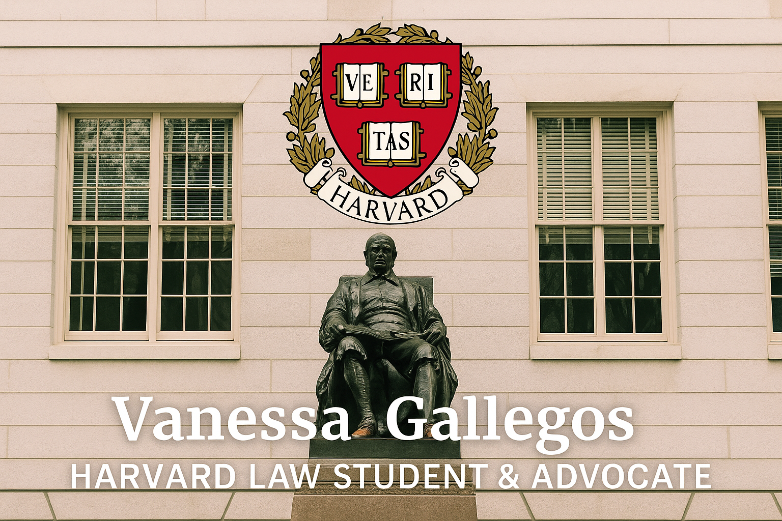 Vanessa Gallegos, a Harvard Law student and advocate from Florida, standing in front of Harvard Law School’s statue and crest, representing her commitment to justice reform.